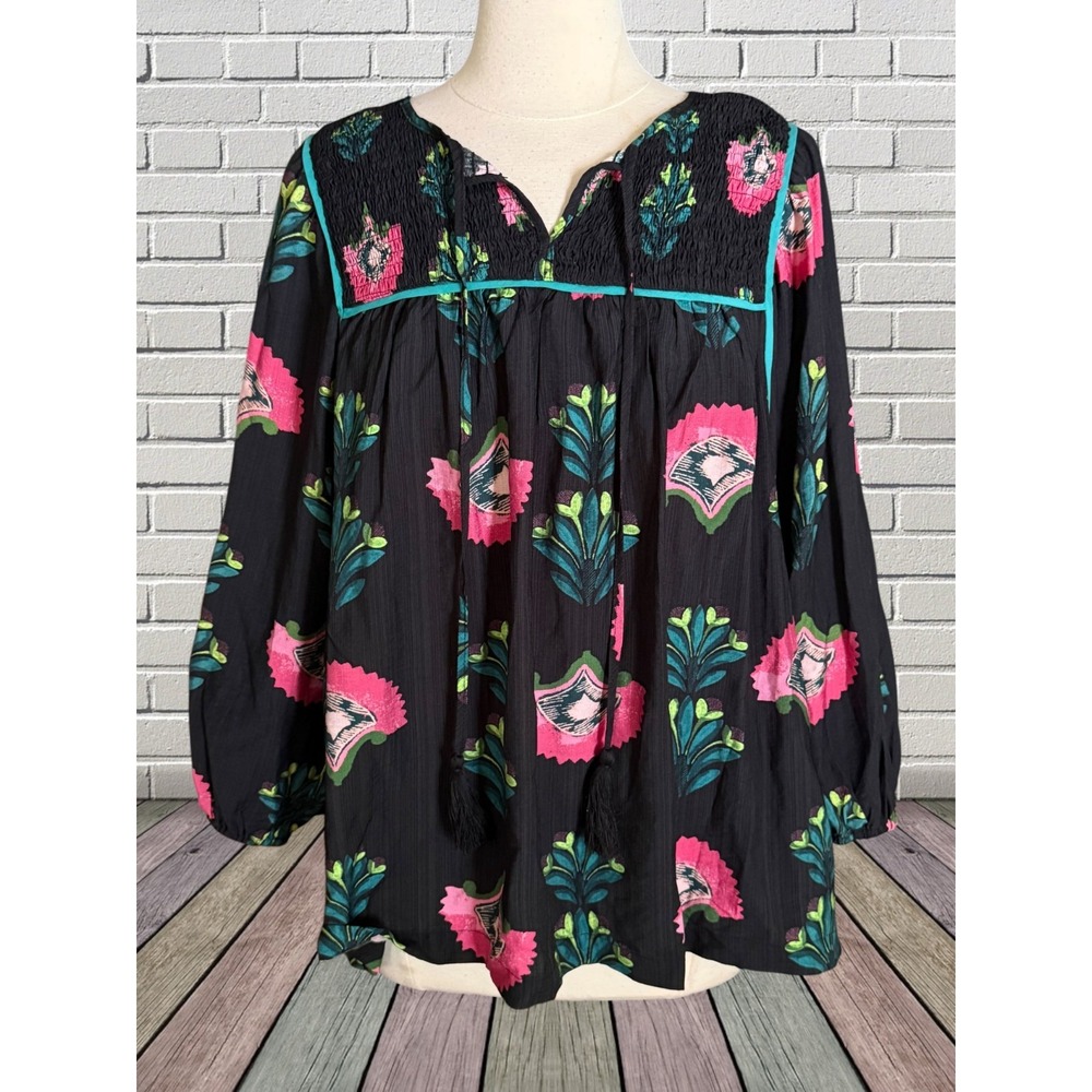 Umgee Razberry Threads Black Floral Print Sz 1XL Smocking Tassels Boho Festival